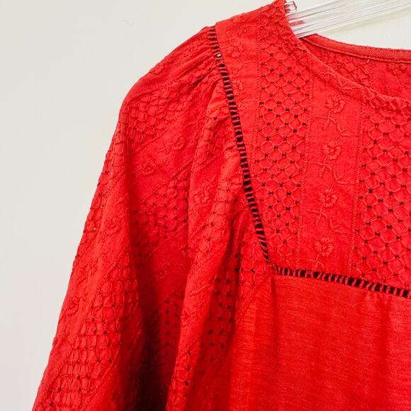 LOFT Womens Cotton Embroidered Floral Puff Peasant Loose Rust Smock Top Sz Small - Picture 3 of 8